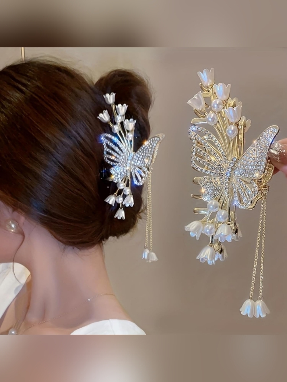 SOLD Large Crystal & Pearl Butterfly Floral Hair Clip Bridal Coquette Feminine